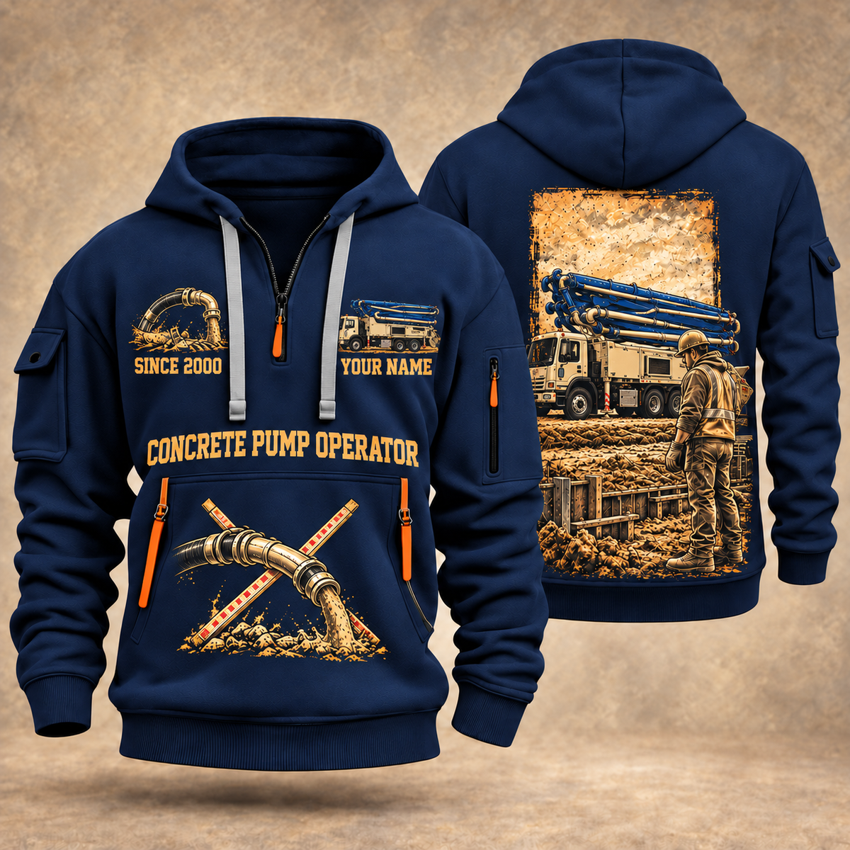 Putzmeister 36Z-Meter Concrete Pump quarter zip hoodie in Navy, front and back views, sample YOUR NAME and SINCE 2000 artwork