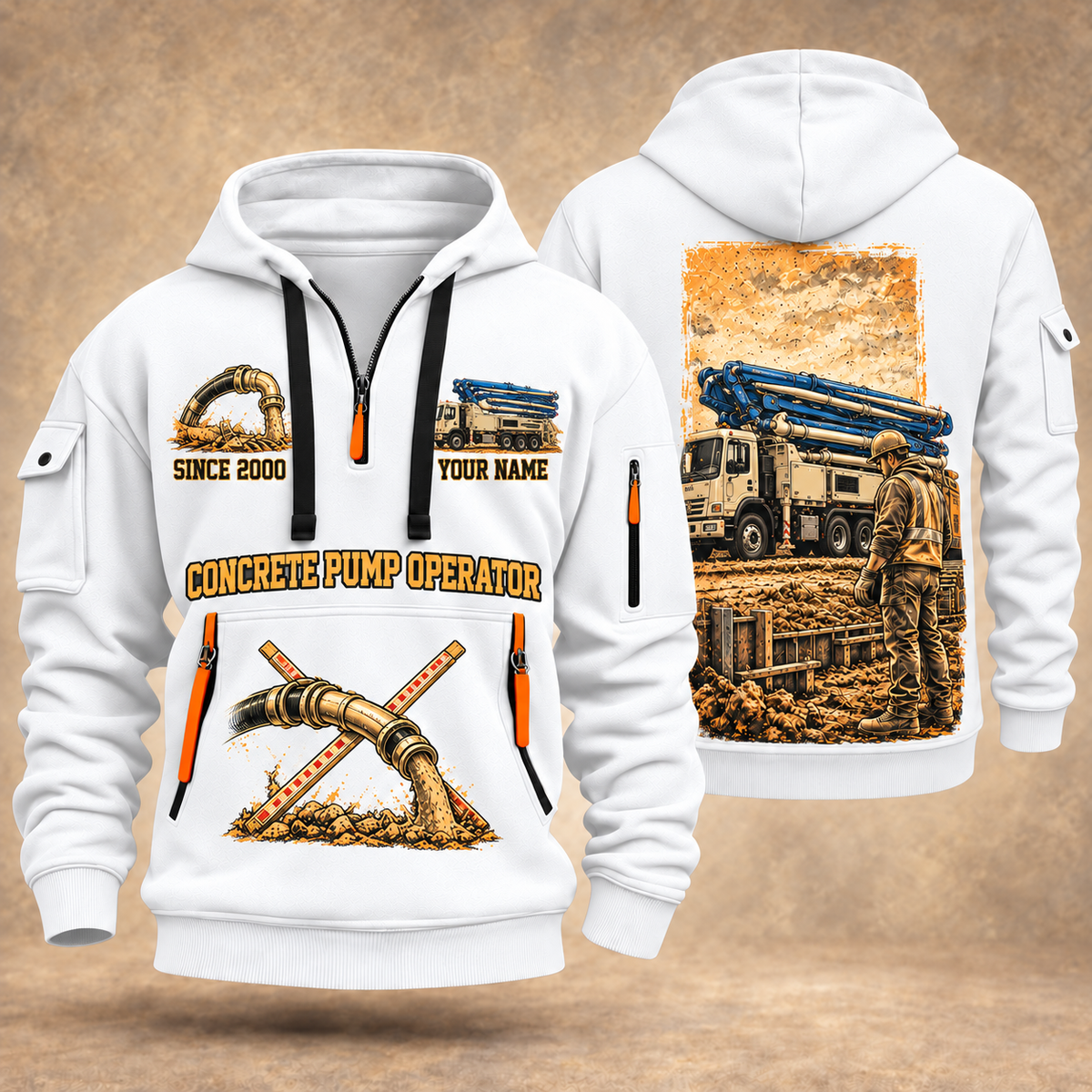 Putzmeister 36Z-Meter Concrete Pump quarter zip hoodie in White, front and back views, sample YOUR NAME and SINCE 2000 artwork