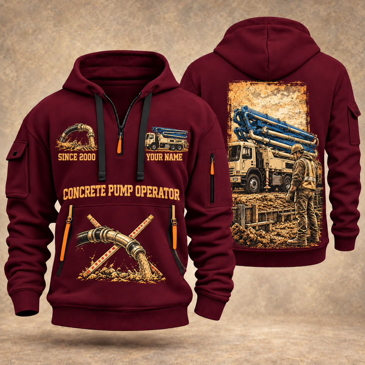 Putzmeister 36Z-Meter Concrete Pump quarter zip hoodie in Wine Red, front and back views, sample YOUR NAME and SINCE 2000 artwork