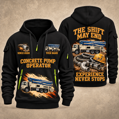Putzmeister 38Z-5-Meter Concrete Pump quarter zip hoodie in Black, front and back views, sample YOUR NAME and SINCE 2000 artwork