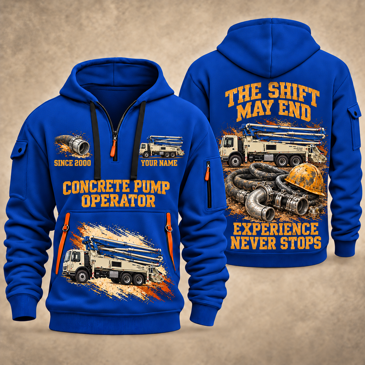 Putzmeister 38Z-5-Meter Concrete Pump quarter zip hoodie in Blue, front and back views, sample YOUR NAME and SINCE 2000 artwork