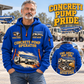 Putzmeister 38Z-5-Meter Concrete Pump quarter zip hoodie in Blue, adult lifestyle portrait showing front and back artwork