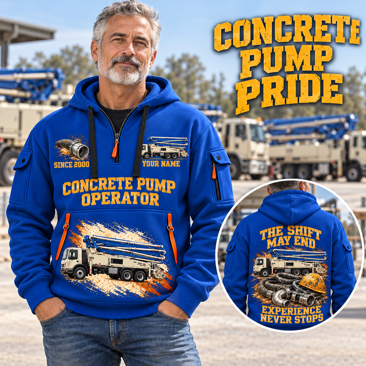 Putzmeister 38Z-5-Meter Concrete Pump quarter zip hoodie in Blue, adult lifestyle portrait showing front and back artwork