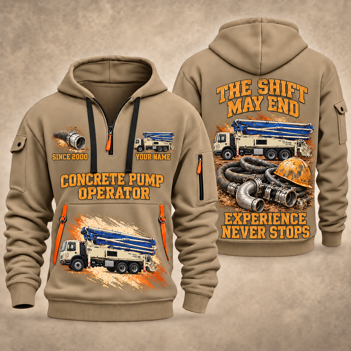 Putzmeister 38Z-5-Meter Concrete Pump quarter zip hoodie in Khaki, front and back views, sample YOUR NAME and SINCE 2000 artwork