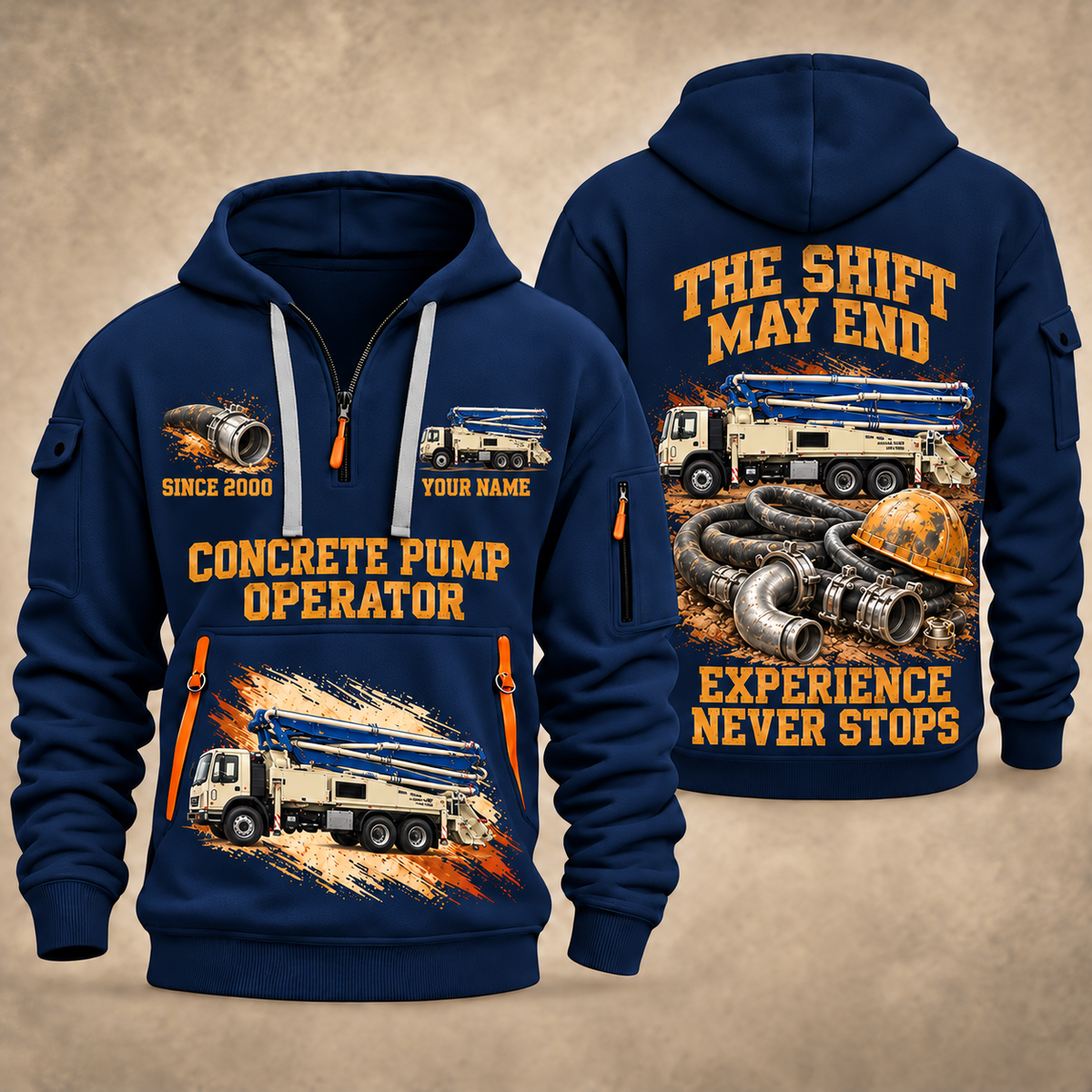 Putzmeister 38Z-5-Meter Concrete Pump quarter zip hoodie in Navy, front and back views, sample YOUR NAME and SINCE 2000 artwork