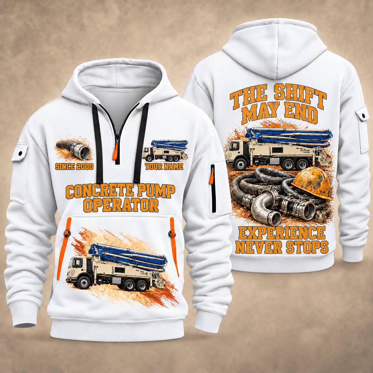 Putzmeister 38Z-5-Meter Concrete Pump quarter zip hoodie in White, front and back views, sample YOUR NAME and SINCE 2000 artwork