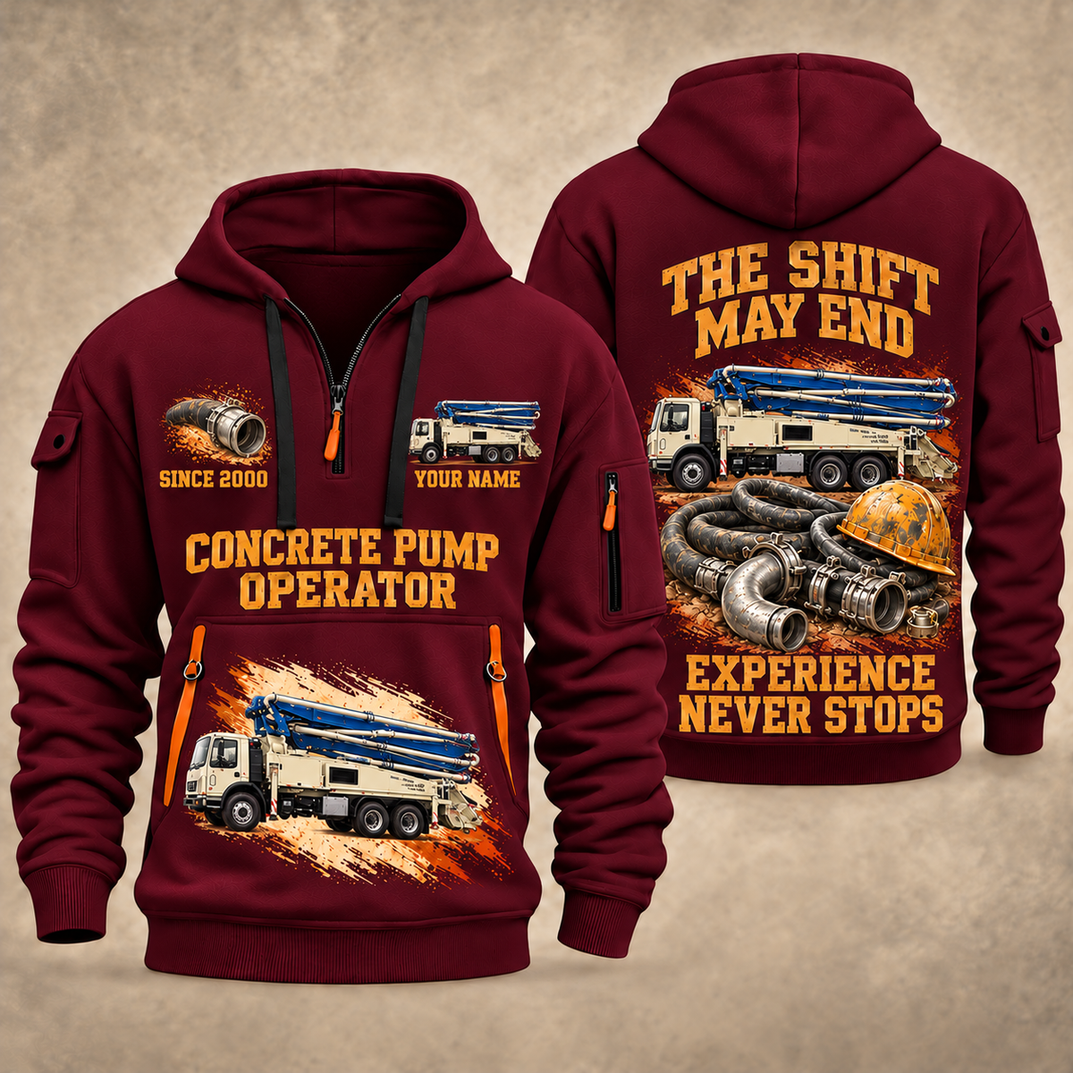 Putzmeister 38Z-5-Meter Concrete Pump quarter zip hoodie in Wine Red, front and back views, sample YOUR NAME and SINCE 2000 artwork
