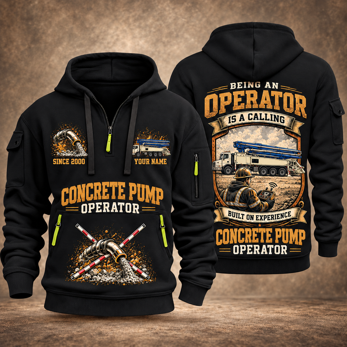 Putzmeister 47Z-Meter Concrete Pump quarter zip hoodie in Black, front and back views, sample YOUR NAME and SINCE 2000 artwork