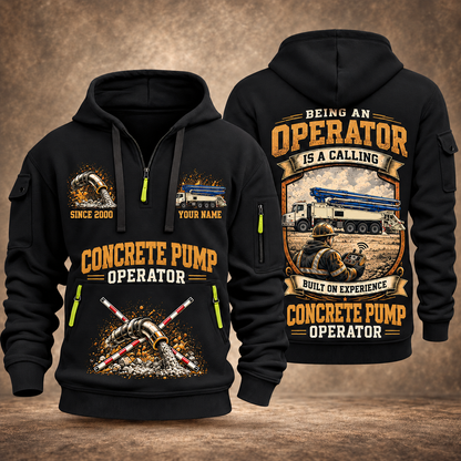 Putzmeister 47Z-Meter Concrete Pump quarter zip hoodie in Black, front and back views, sample YOUR NAME and SINCE 2000 artwork