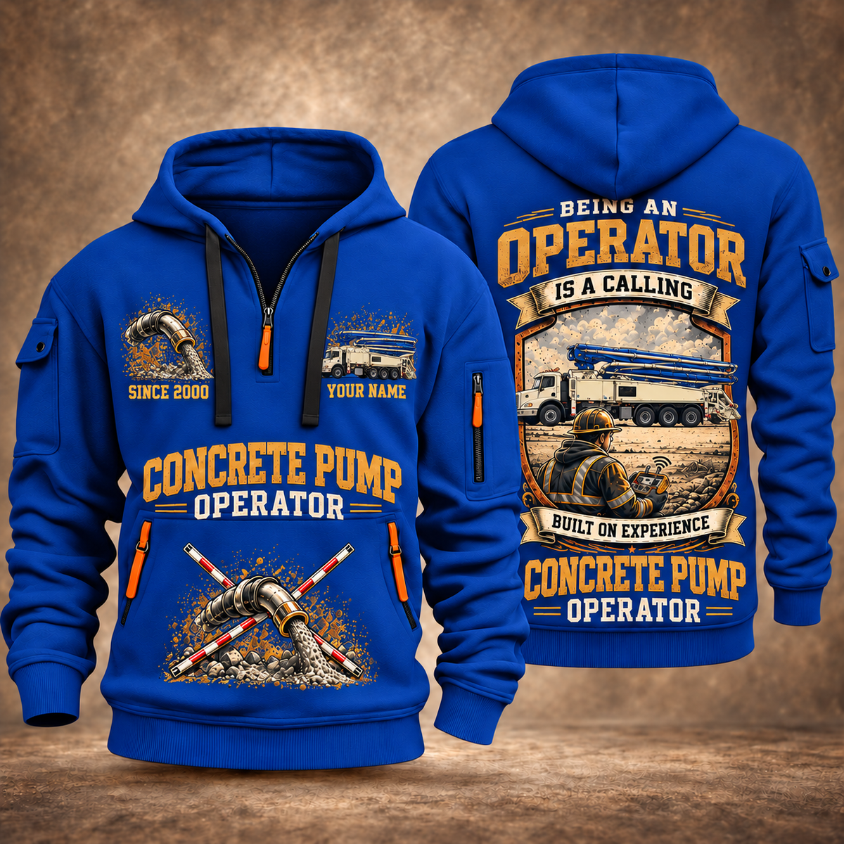 Putzmeister 47Z-Meter Concrete Pump quarter zip hoodie in Blue, front and back views, sample YOUR NAME and SINCE 2000 artwork