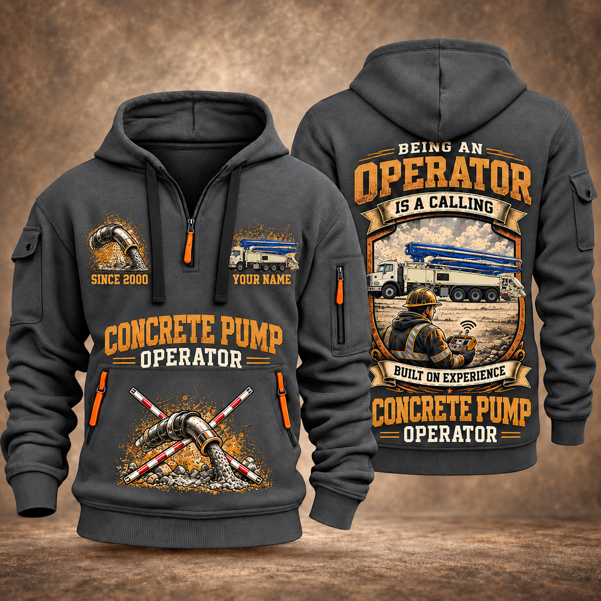 Putzmeister 47Z-Meter Concrete Pump quarter zip hoodie in Gray, front and back views, sample YOUR NAME and SINCE 2000 artwork
