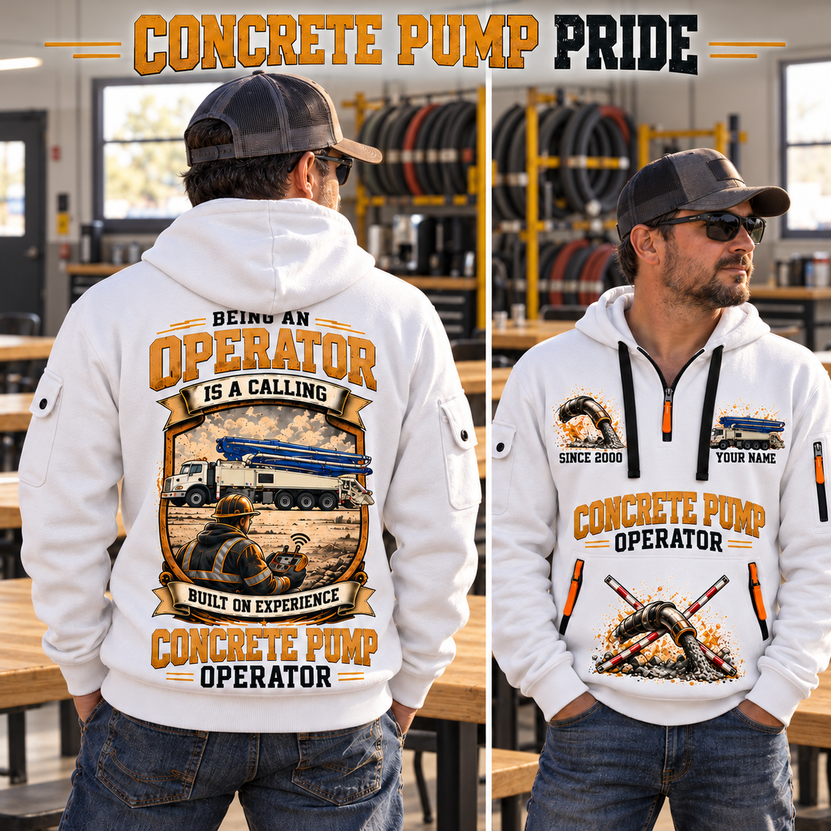 Putzmeister 47Z-Meter Concrete Pump quarter zip hoodie in White, adult lifestyle portrait showing front and back artwork