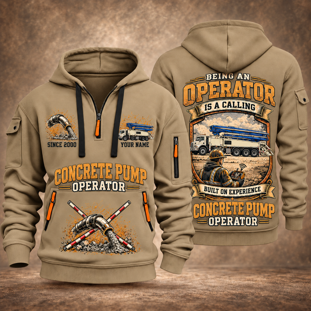 Putzmeister 47Z-Meter Concrete Pump quarter zip hoodie in Khaki, front and back views, sample YOUR NAME and SINCE 2000 artwork
