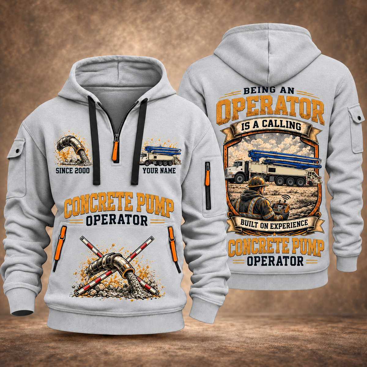 Putzmeister 47Z-Meter Concrete Pump quarter zip hoodie in Light Grey, front and back views, sample YOUR NAME and SINCE 2000 artwork