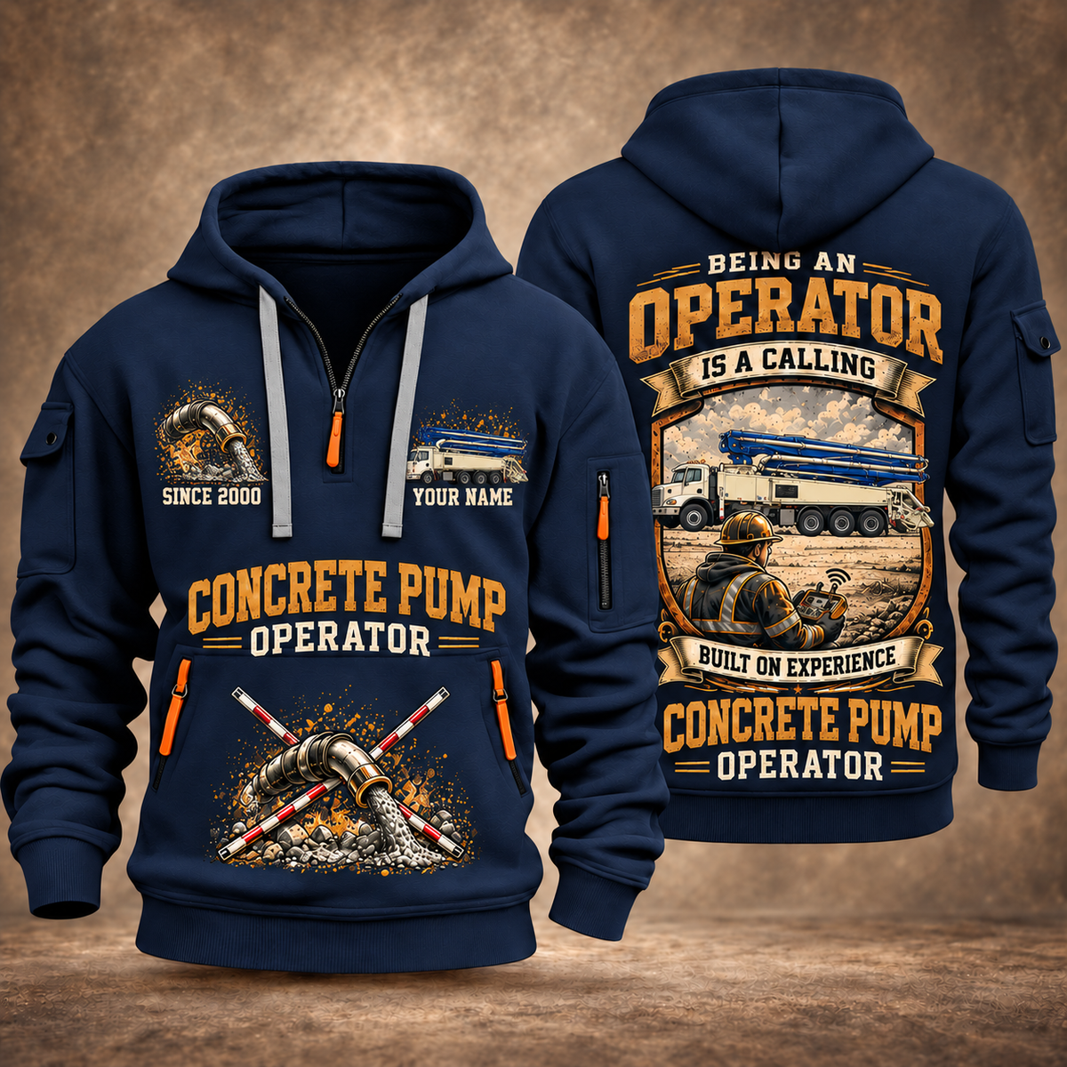 Putzmeister 47Z-Meter Concrete Pump quarter zip hoodie in Navy, front and back views, sample YOUR NAME and SINCE 2000 artwork