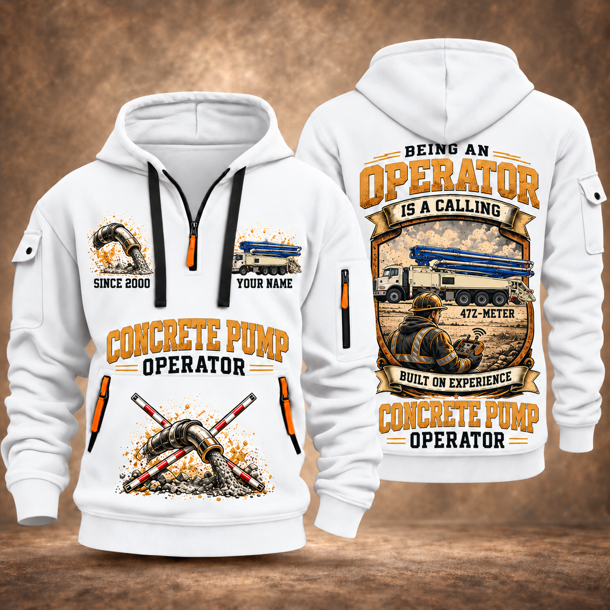 Putzmeister 47Z-Meter Concrete Pump quarter zip hoodie in White, front and back views, sample YOUR NAME and SINCE 2000 artwork