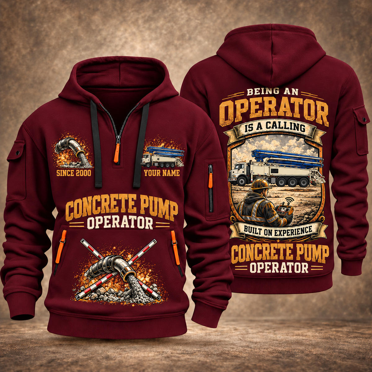 Putzmeister 47Z-Meter Concrete Pump quarter zip hoodie in Wine Red, front and back views, sample YOUR NAME and SINCE 2000 artwork