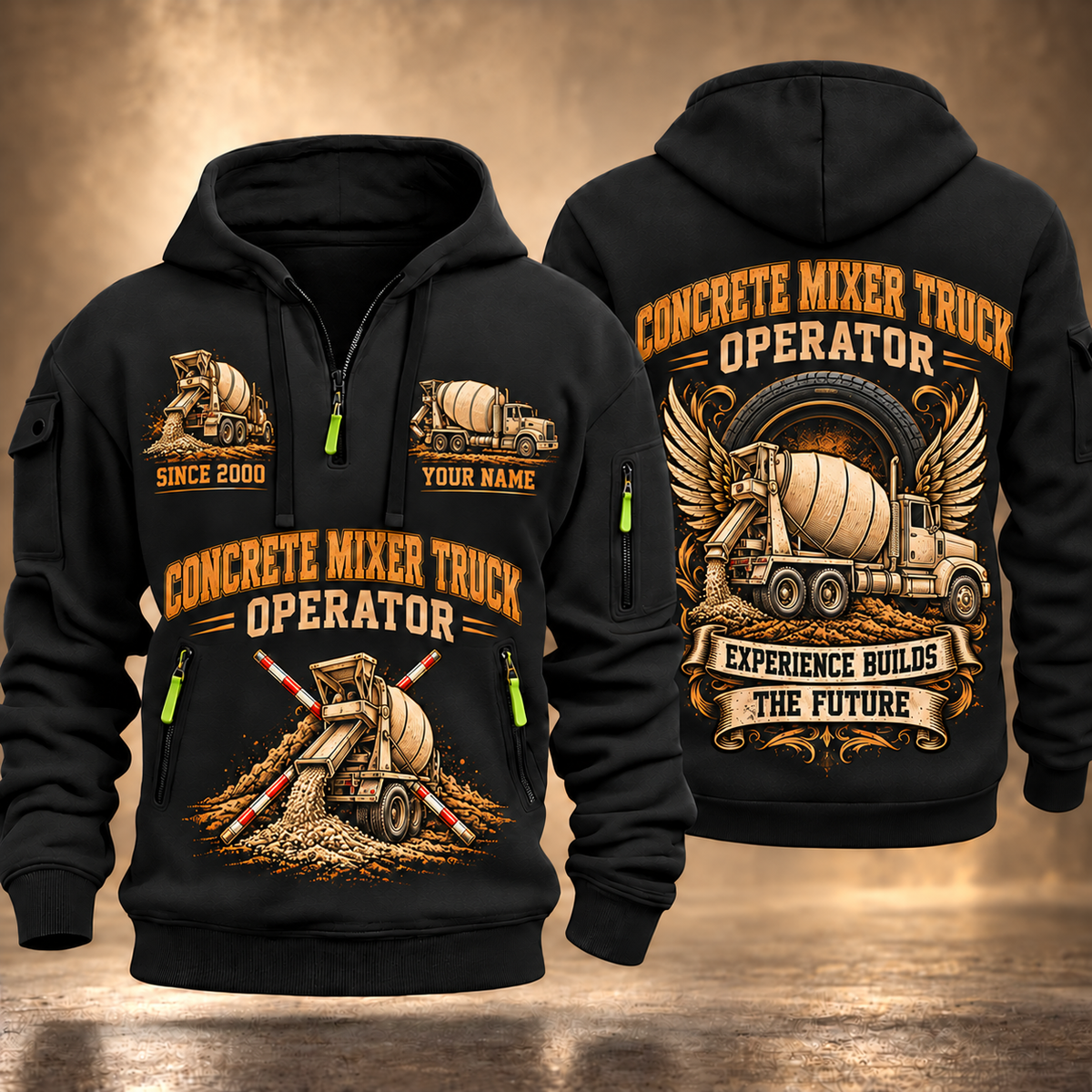 McNeilus Standard Rear Discharge Mixer Concrete Mixer Truck quarter zip hoodie in Black, front and back views, sample YOUR NAME and SINCE 2000 artwork