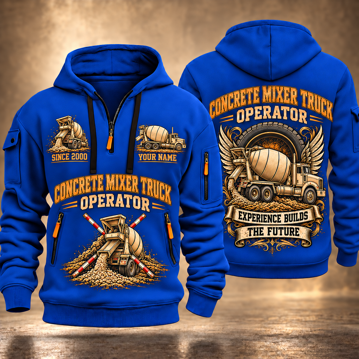 McNeilus Standard Rear Discharge Mixer Concrete Mixer Truck quarter zip hoodie in Blue, front and back views, sample YOUR NAME and SINCE 2000 artwork