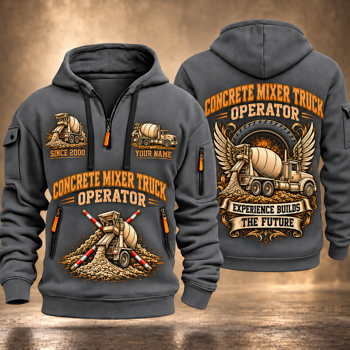 McNeilus Standard Rear Discharge Mixer Concrete Mixer Truck quarter zip hoodie in Gray, front and back views, sample YOUR NAME and SINCE 2000 artwork