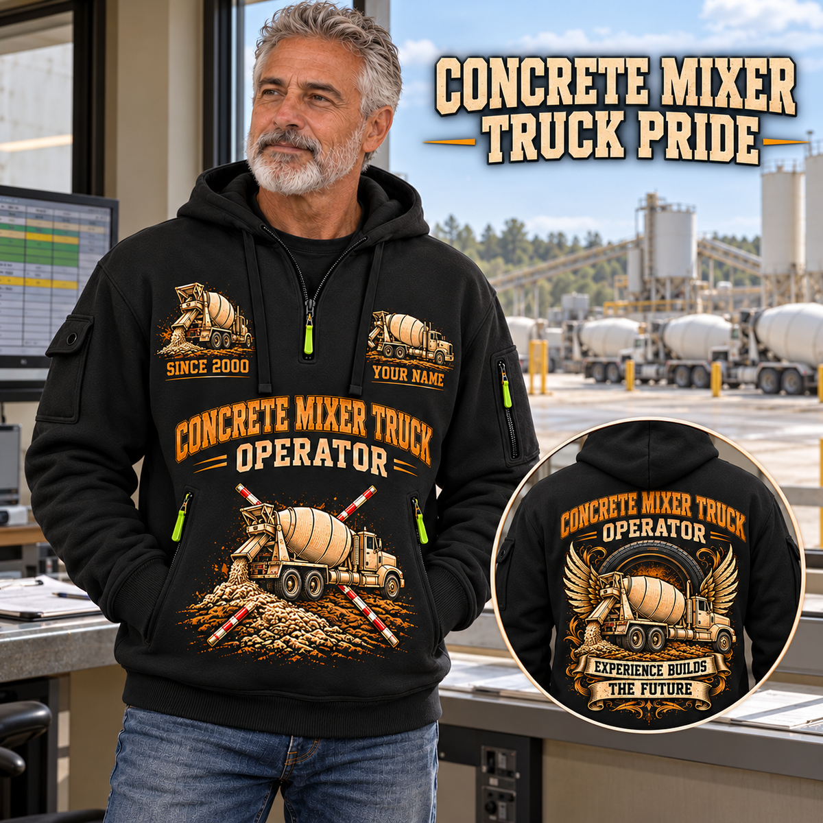 McNeilus Standard Rear Discharge Mixer Concrete Mixer Truck quarter zip hoodie in Black, adult lifestyle portrait showing front and back artwork