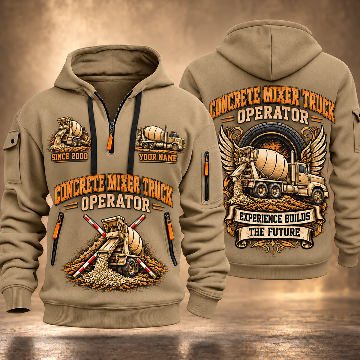 McNeilus Standard Rear Discharge Mixer Concrete Mixer Truck quarter zip hoodie in Khaki, front and back views, sample YOUR NAME and SINCE 2000 artwork