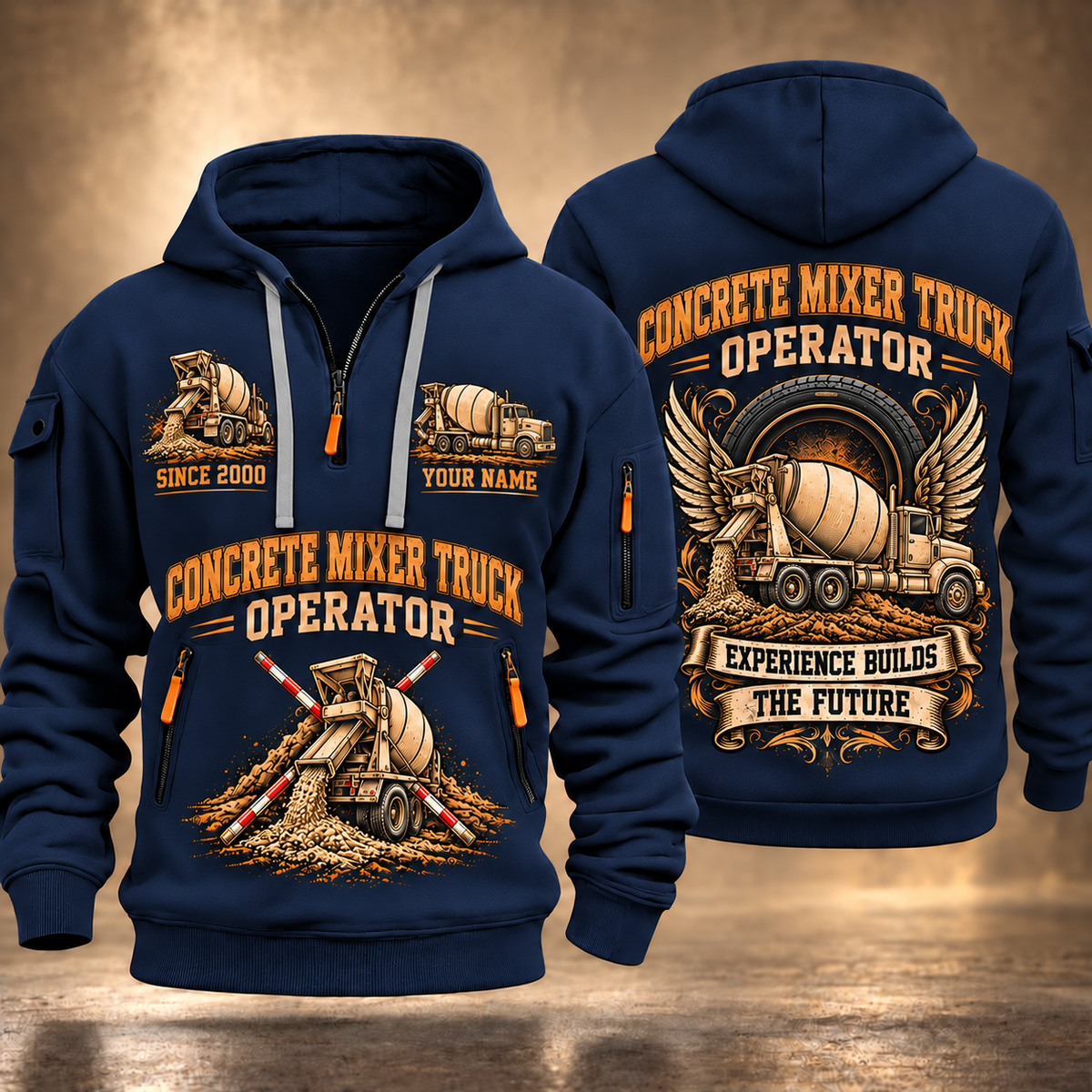 McNeilus Standard Rear Discharge Mixer Concrete Mixer Truck quarter zip hoodie in Navy, front and back views, sample YOUR NAME and SINCE 2000 artwork