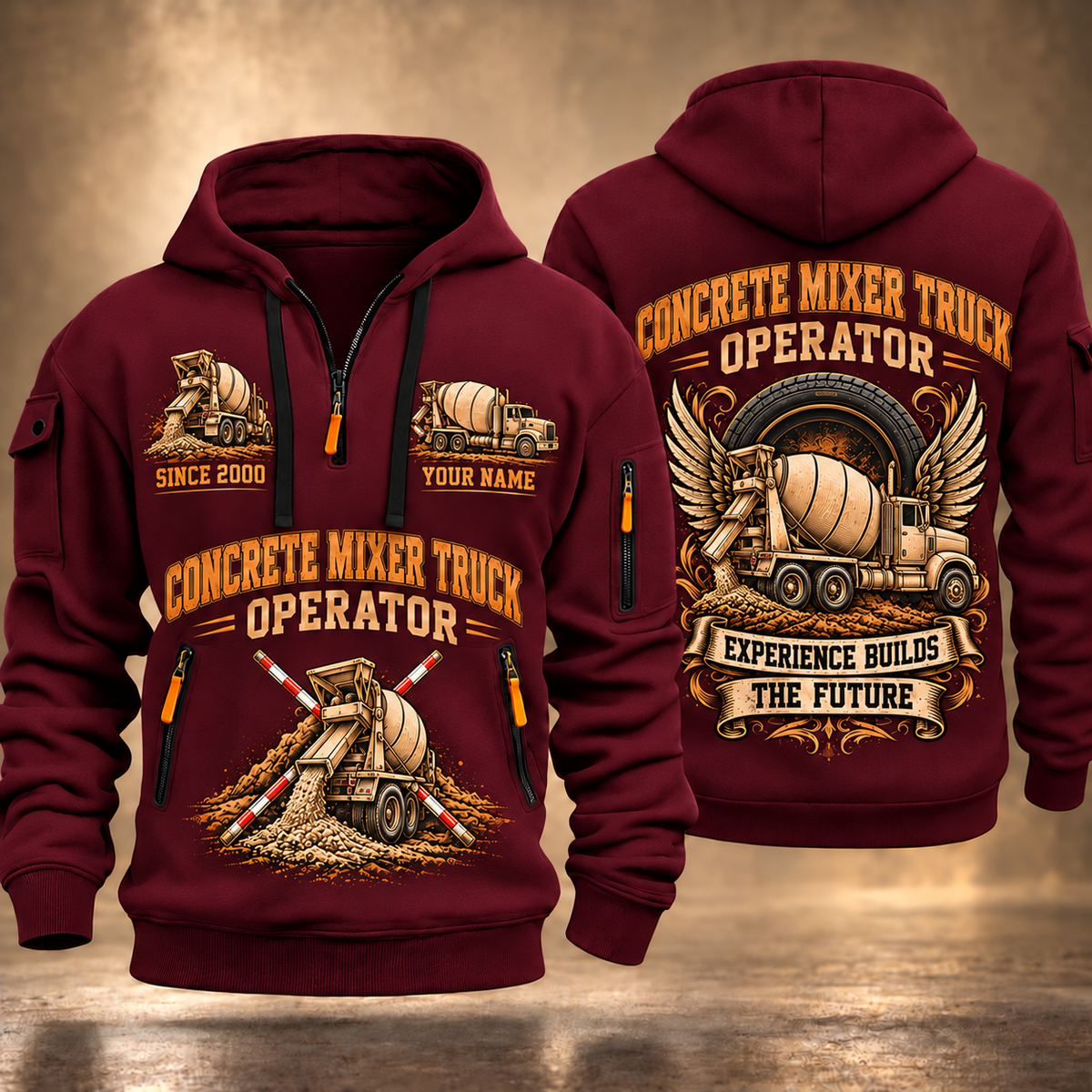 McNeilus Standard Rear Discharge Mixer Concrete Mixer Truck quarter zip hoodie in Wine Red, front and back views, sample YOUR NAME and SINCE 2000 artwork