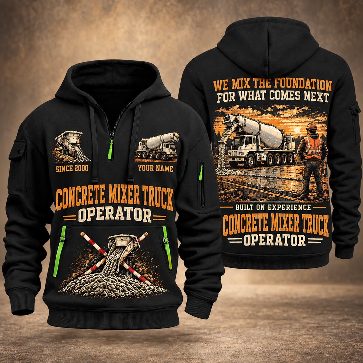 Oshkosh S-Series Front Discharge Concrete Mixer Truck quarter zip hoodie in Black, front and back views, sample YOUR NAME and SINCE 2000 artwork