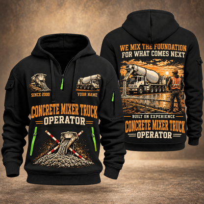 Oshkosh S-Series Front Discharge Concrete Mixer Truck quarter zip hoodie in Black, front and back views, sample YOUR NAME and SINCE 2000 artwork