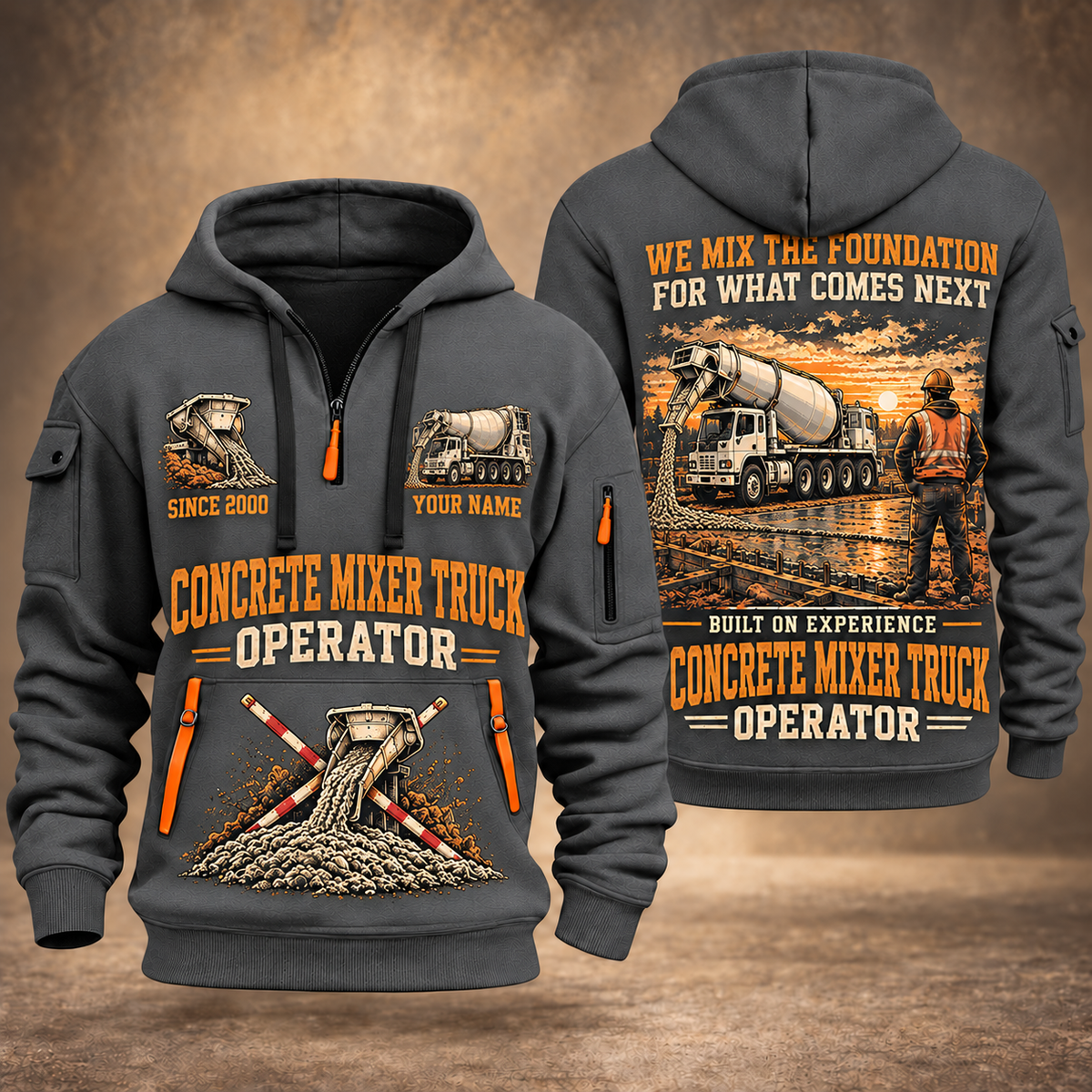 Oshkosh S-Series Front Discharge Concrete Mixer Truck quarter zip hoodie in Gray, front and back views, sample YOUR NAME and SINCE 2000 artwork