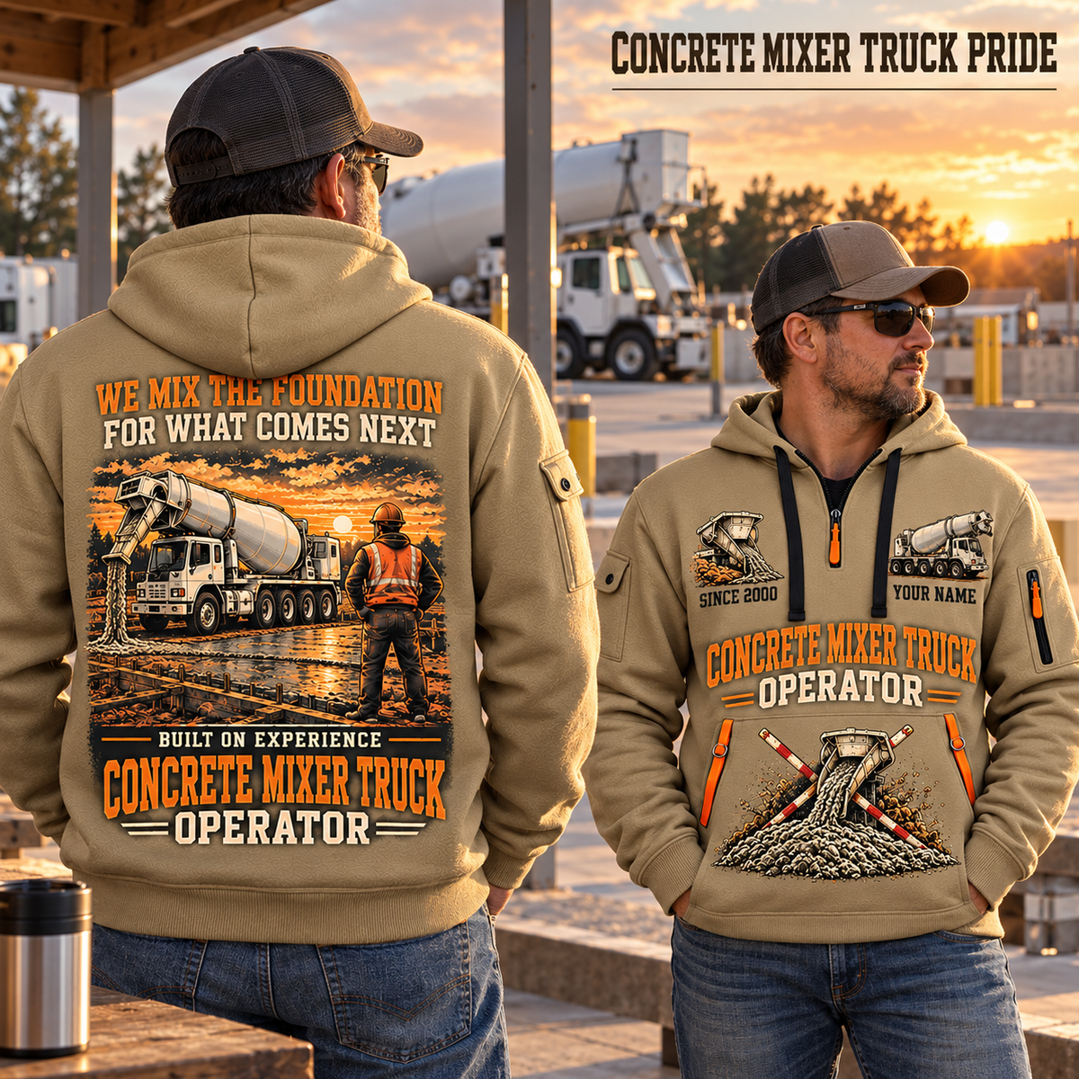 Oshkosh S-Series Front Discharge Concrete Mixer Truck quarter zip hoodie in Khaki, adult lifestyle portrait showing front and back artwork