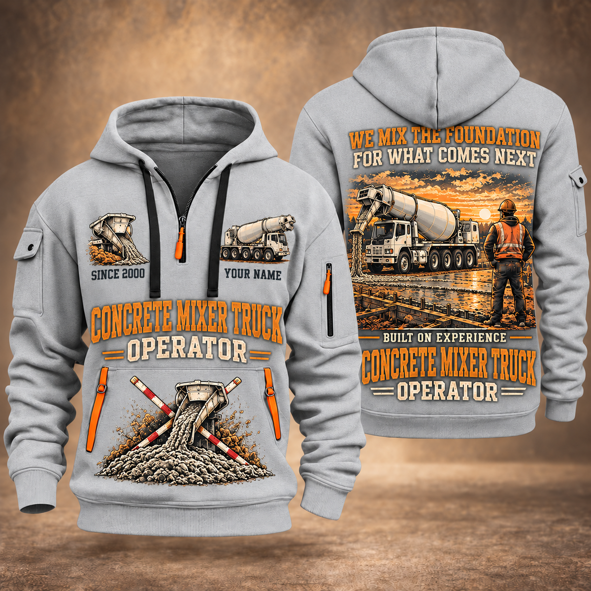 Oshkosh S-Series Front Discharge Concrete Mixer Truck quarter zip hoodie in Light Grey, front and back views, sample YOUR NAME and SINCE 2000 artwork