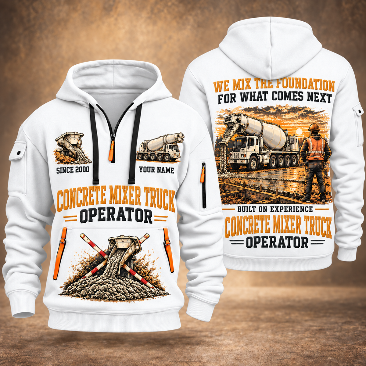 Oshkosh S-Series Front Discharge Concrete Mixer Truck quarter zip hoodie in White, front and back views, sample YOUR NAME and SINCE 2000 artwork