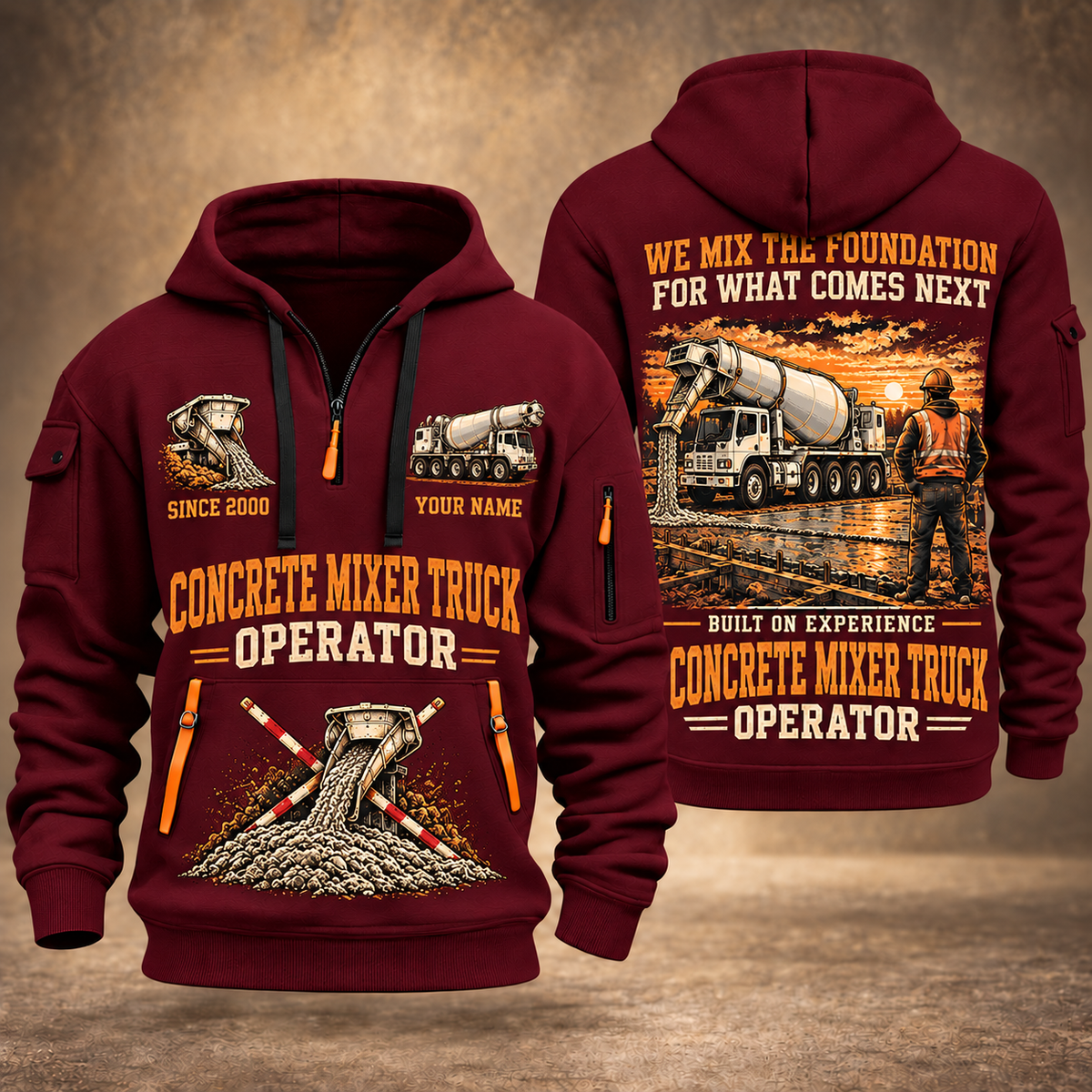Oshkosh S-Series Front Discharge Concrete Mixer Truck quarter zip hoodie in Wine Red, front and back views, sample YOUR NAME and SINCE 2000 artwork