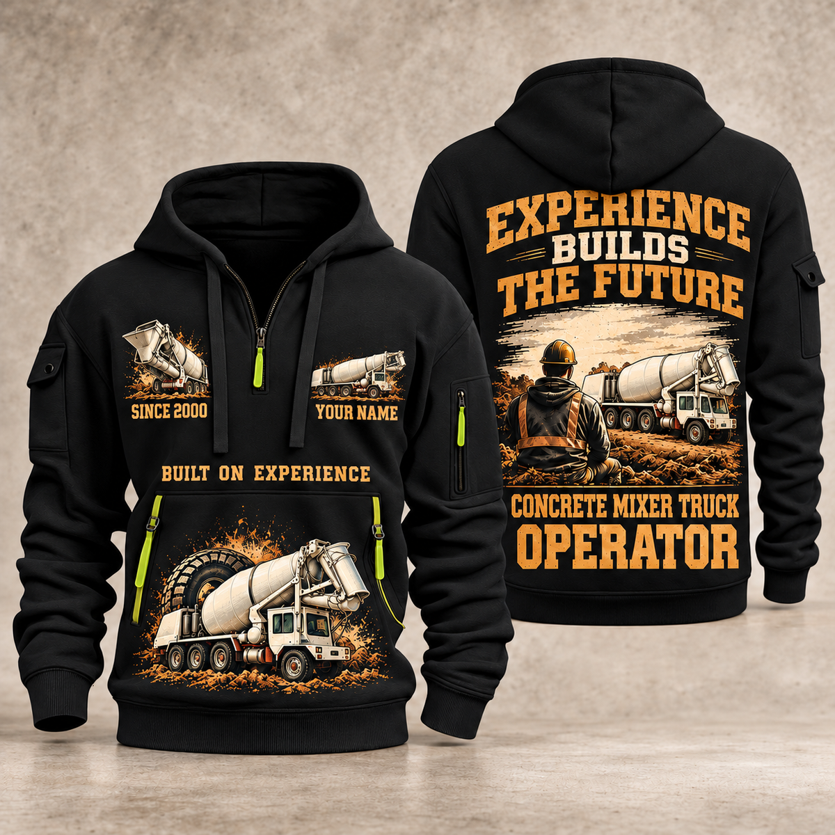 Terex Advance FD4000 Concrete Mixer Truck quarter zip hoodie in Black, front and back views, sample YOUR NAME and SINCE 2000 artwork