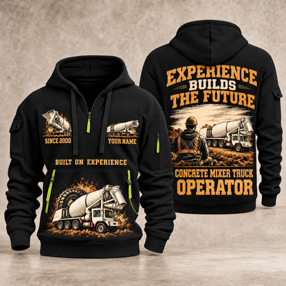 Terex Advance FD4000 Concrete Mixer Truck quarter zip hoodie in Black, front and back views, sample YOUR NAME and SINCE 2000 artwork