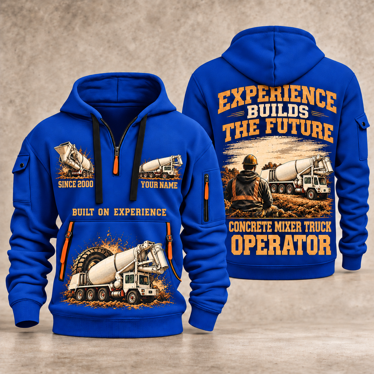 Terex Advance FD4000 Concrete Mixer Truck quarter zip hoodie in Blue, front and back views, sample YOUR NAME and SINCE 2000 artwork