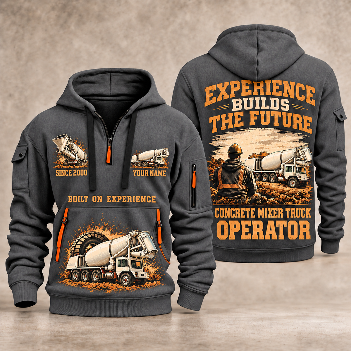 Terex Advance FD4000 Concrete Mixer Truck quarter zip hoodie in Gray, front and back views, sample YOUR NAME and SINCE 2000 artwork