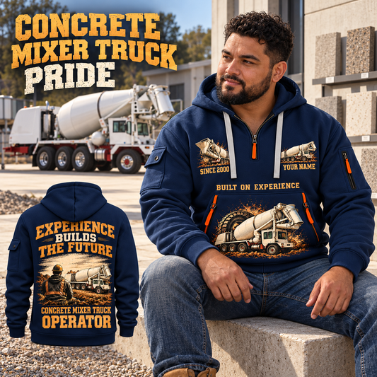 Terex Advance FD4000 Concrete Mixer Truck quarter zip hoodie in Navy, adult lifestyle portrait showing front and back artwork