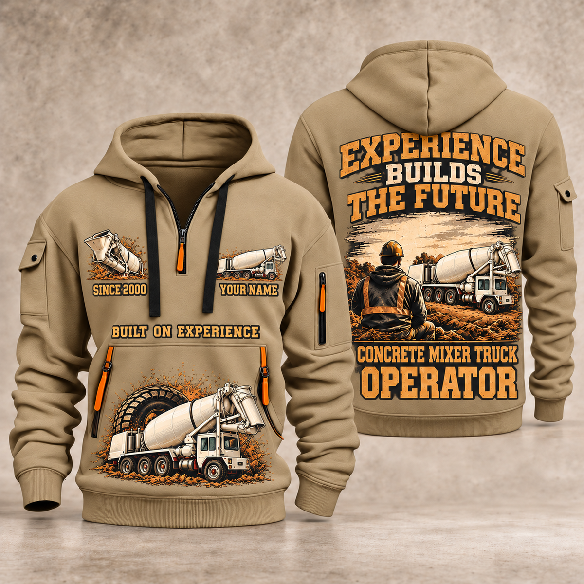 Terex Advance FD4000 Concrete Mixer Truck quarter zip hoodie in Khaki, front and back views, sample YOUR NAME and SINCE 2000 artwork