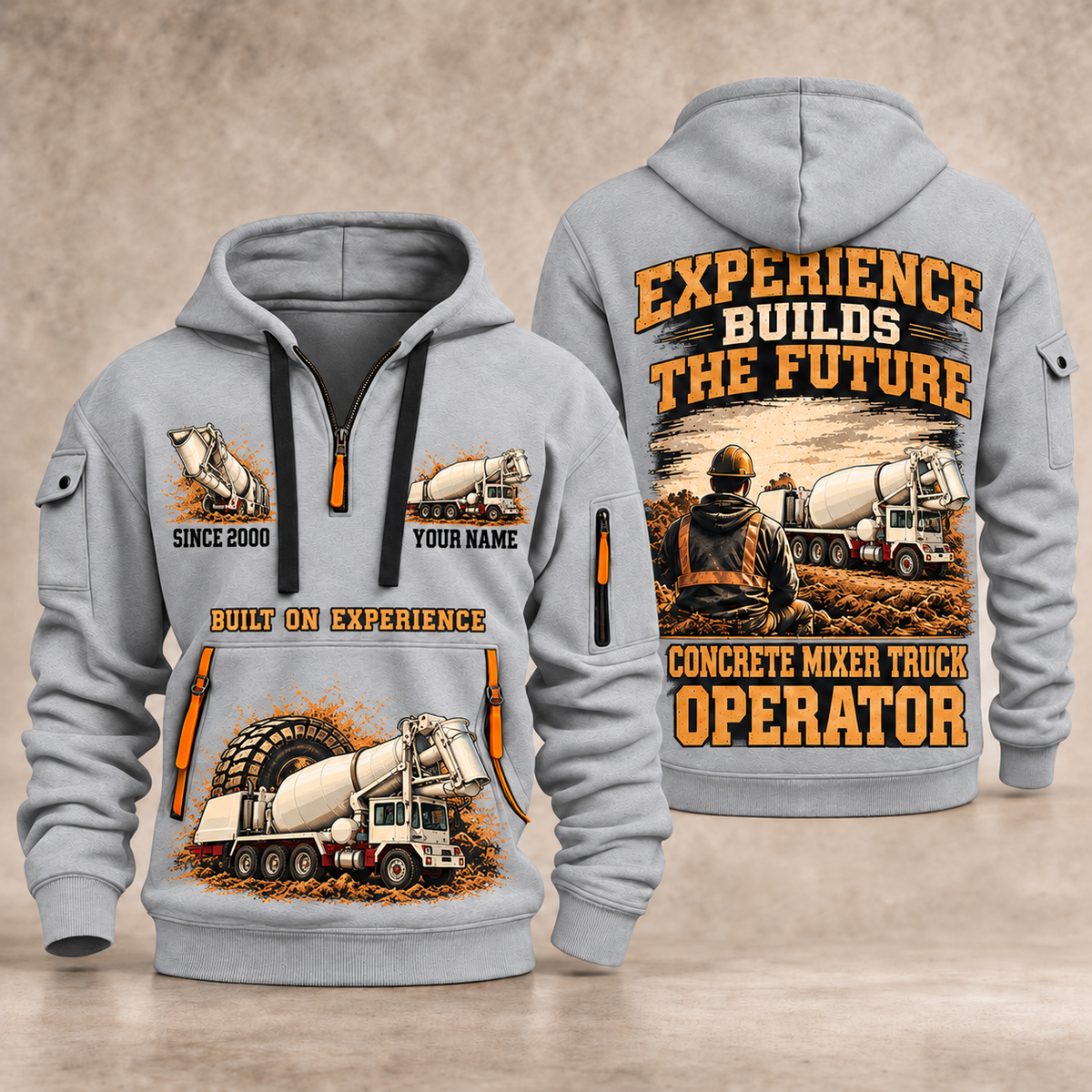 Terex Advance FD4000 Concrete Mixer Truck quarter zip hoodie in Light Grey, front and back views, sample YOUR NAME and SINCE 2000 artwork