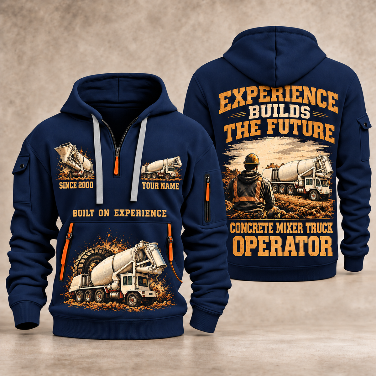 Terex Advance FD4000 Concrete Mixer Truck quarter zip hoodie in Navy, front and back views, sample YOUR NAME and SINCE 2000 artwork