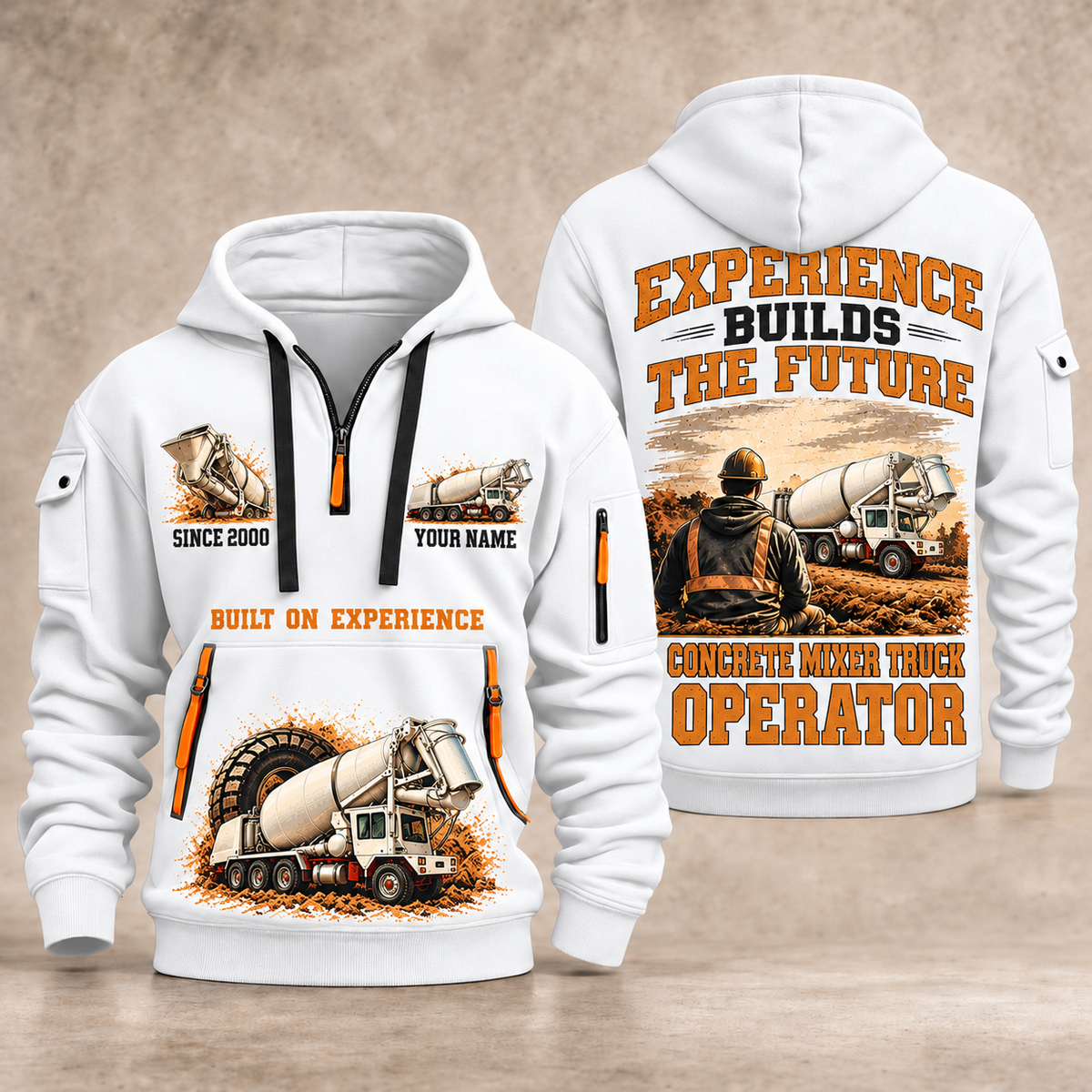 Terex Advance FD4000 Concrete Mixer Truck quarter zip hoodie in White, front and back views, sample YOUR NAME and SINCE 2000 artwork