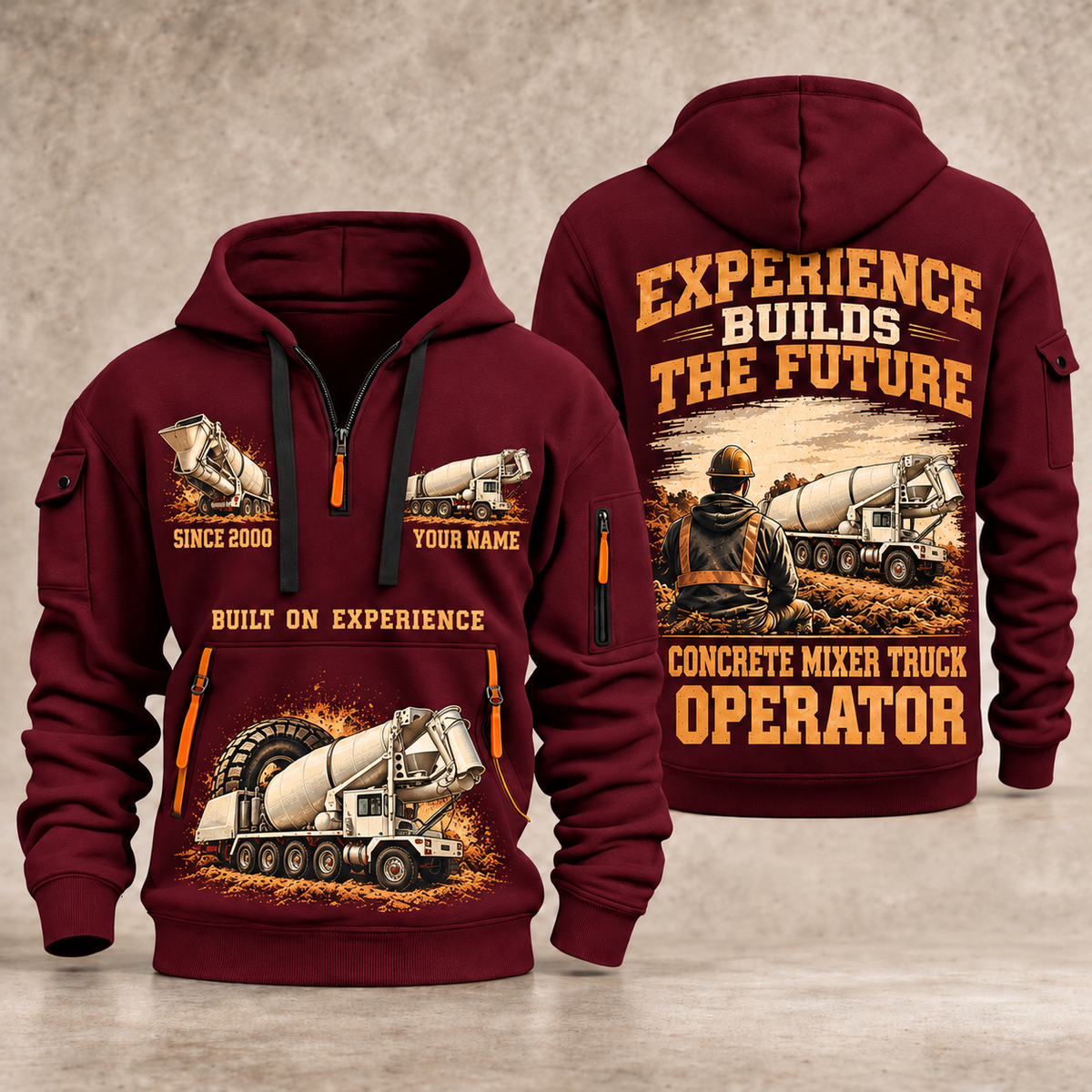 Terex Advance FD4000 Concrete Mixer Truck quarter zip hoodie in Wine Red, front and back views, sample YOUR NAME and SINCE 2000 artwork