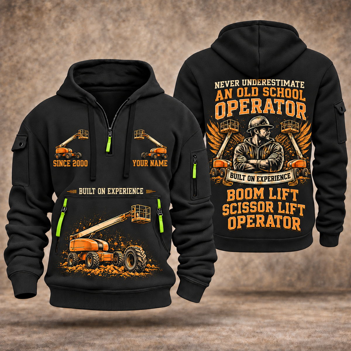 JLG 600S Telescopic Boom Lift quarter zip hoodie in Black, front and back views, sample YOUR NAME and SINCE 2000 artwork