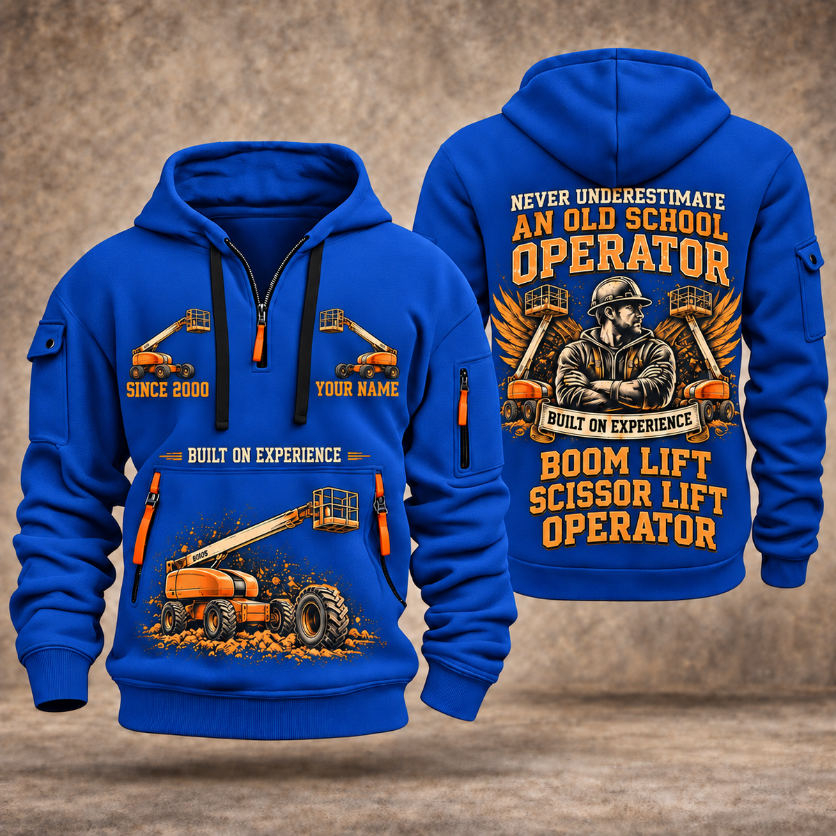 JLG 600S Telescopic Boom Lift quarter zip hoodie in Blue, front and back views, sample YOUR NAME and SINCE 2000 artwork