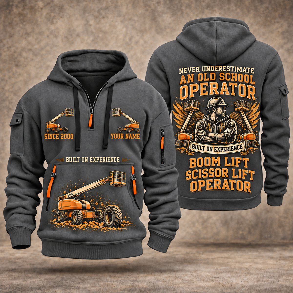 JLG 600S Telescopic Boom Lift quarter zip hoodie in Gray, front and back views, sample YOUR NAME and SINCE 2000 artwork