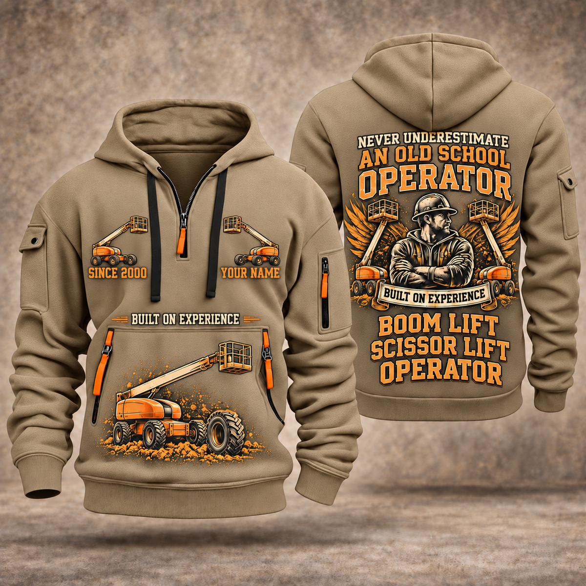 JLG 600S Telescopic Boom Lift quarter zip hoodie in Khaki, front and back views, sample YOUR NAME and SINCE 2000 artwork