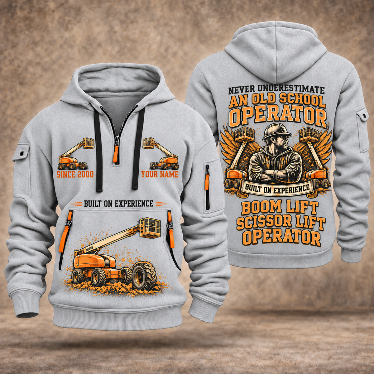 JLG 600S Telescopic Boom Lift quarter zip hoodie in Light Grey, front and back views, sample YOUR NAME and SINCE 2000 artwork